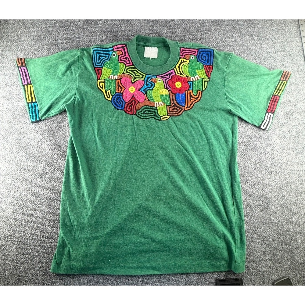 Vintage Green Mola Embroidery Parrot T-Shirt Short Sleeve Folk Art Tee XL